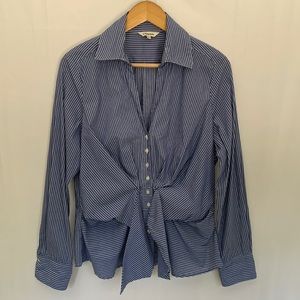 J. Peterman Blue and White Striped Tie-Front Button Down Shirt